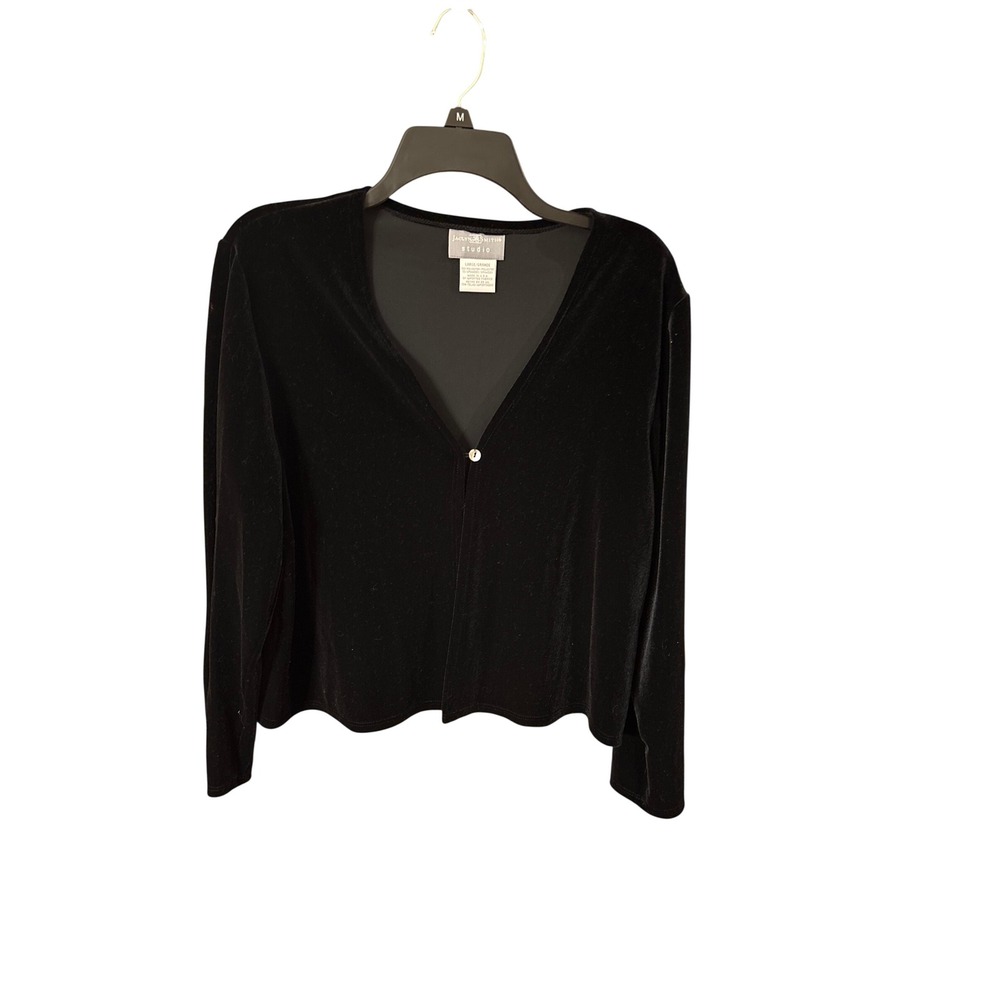 Jaclyn Smith Studio Black Velvetโ V-Neck Single Button Cardigan Top Large